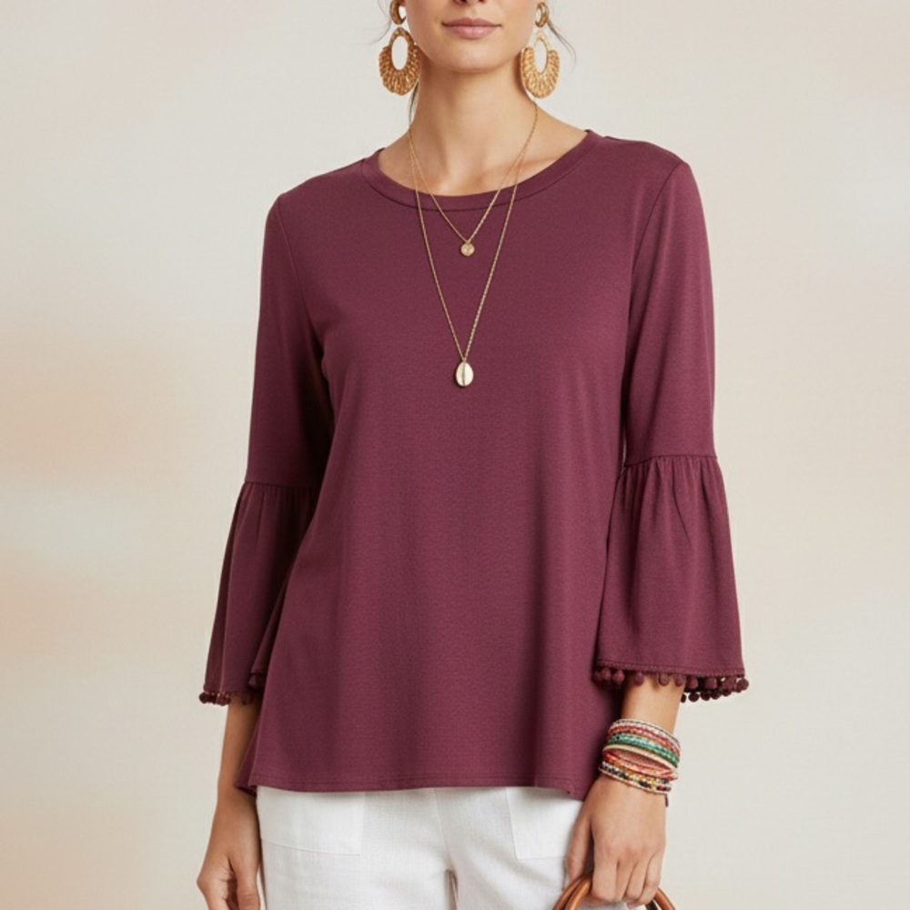 Johnny Was Calme Bell Sleeve Pom Pom Trim Top Size M Wine Bamboo Cotton EUC